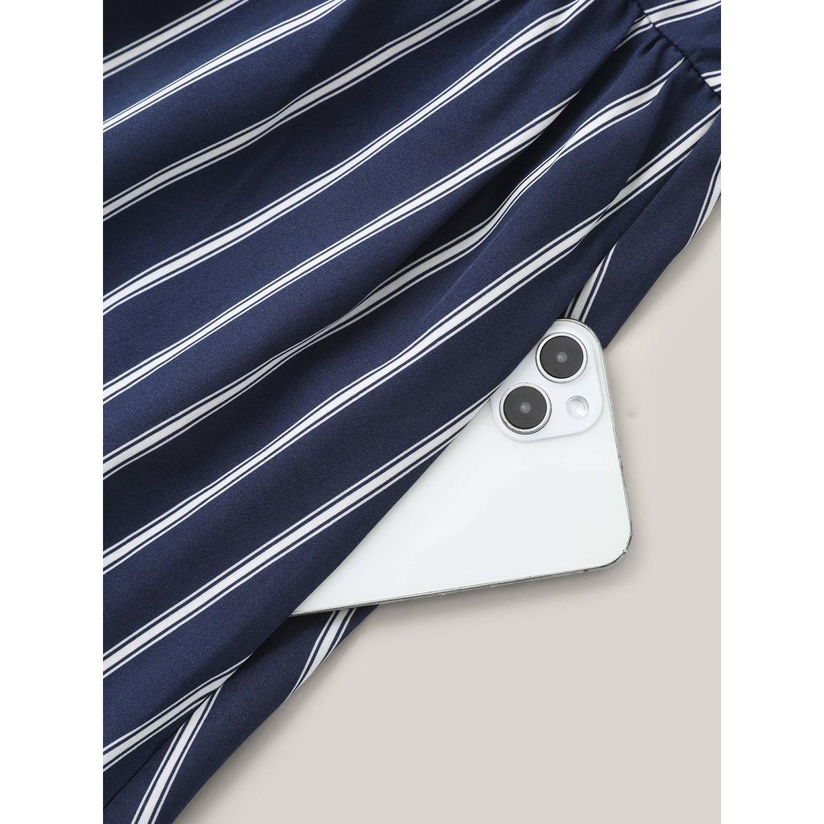 Plus Size Striped Stretchy Waist Defining Pockets Dress Indigo Women Office Pleated Round Neck Short sleeve Curvy BloomChic 18-20/2X Product Image