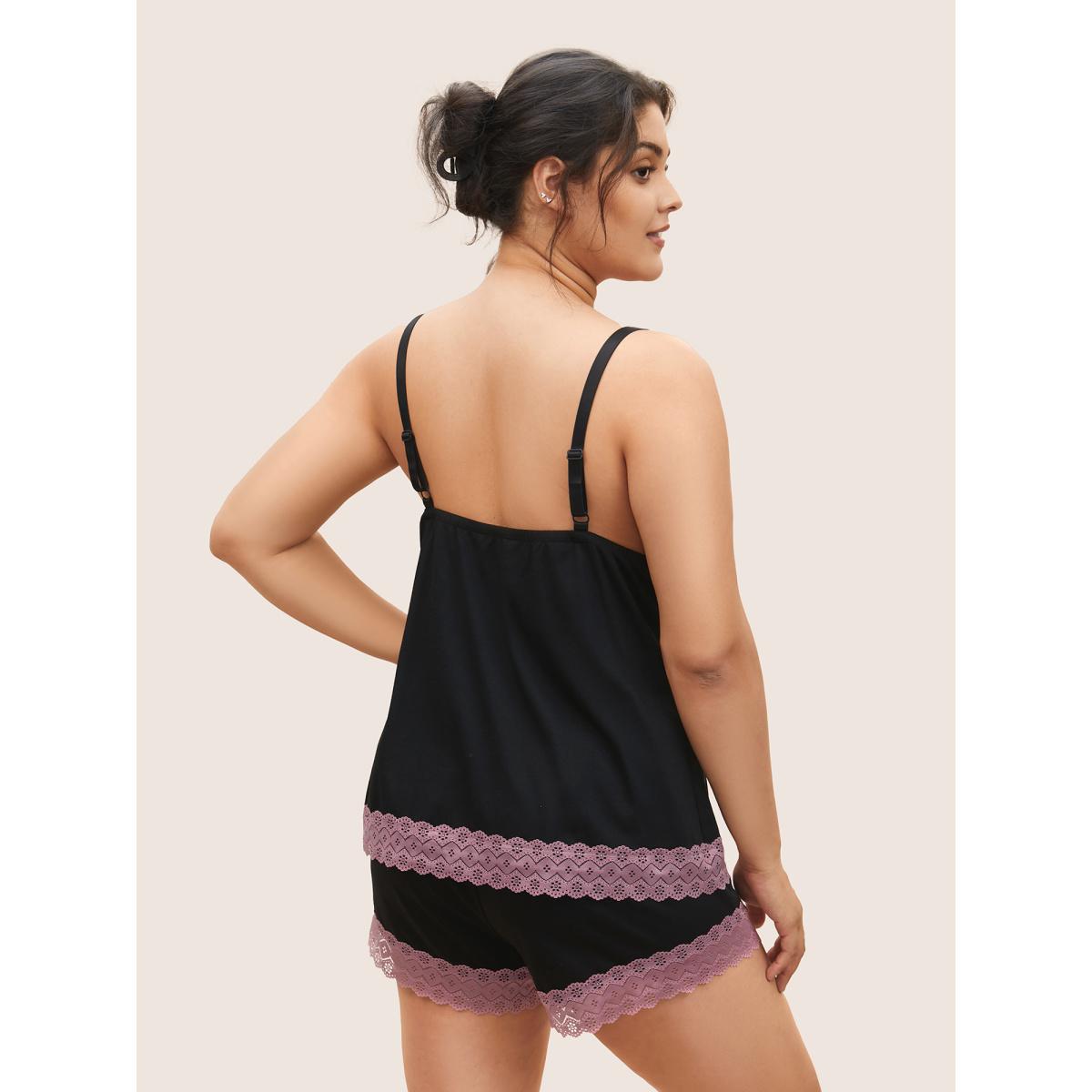 Plus Size Patchwork Bowknot Lace Panel Loungewear Set Women Black See through Sleeveless Deep V-neck Lounge Loungewear Sets BloomChic 26/4X Product Image