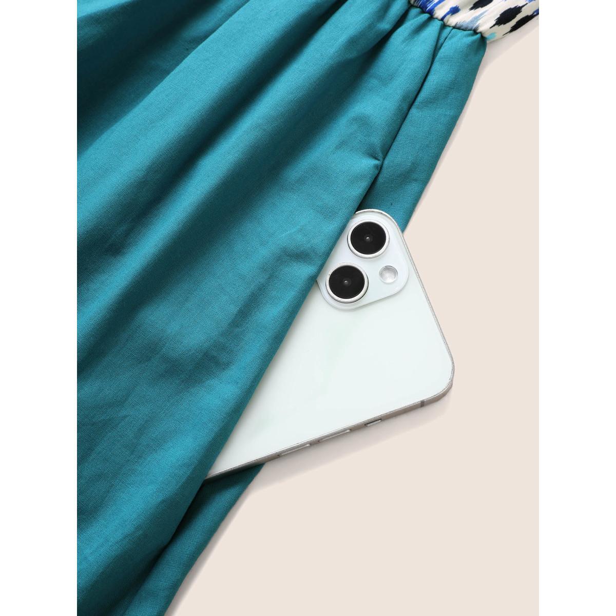 Plus Size Geometric Print Patchwork Cap Sleeve Dress Aegean Women Resort Round Neck Cap Sleeve Curvy BloomChic 10/M Product Image