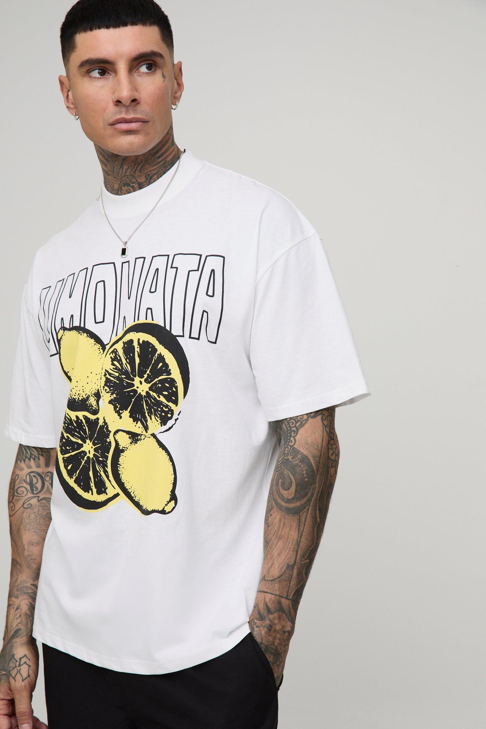 Tall Oversized Extended Neck Lemons Print T-Shirt | boohooMAN USA Product Image