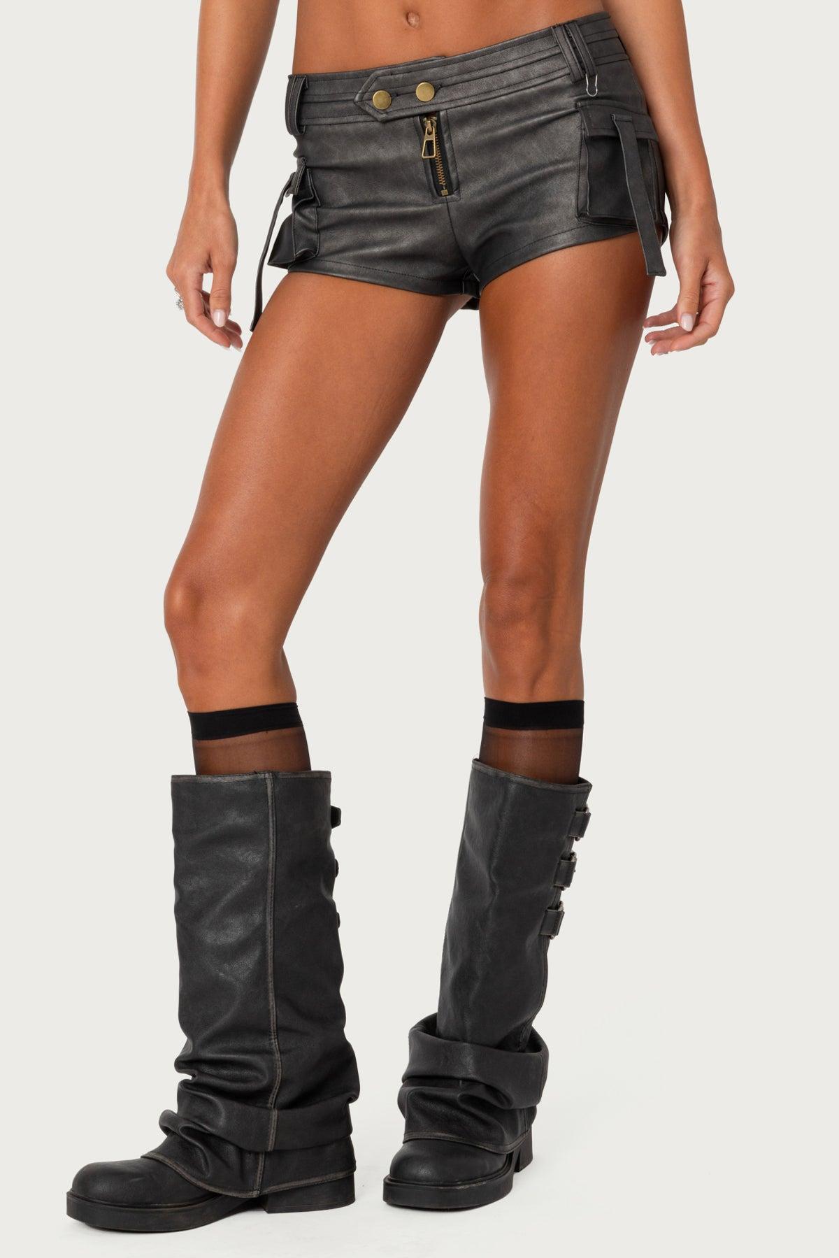 Washed Faux Leather Micro Cargo Shorts Product Image