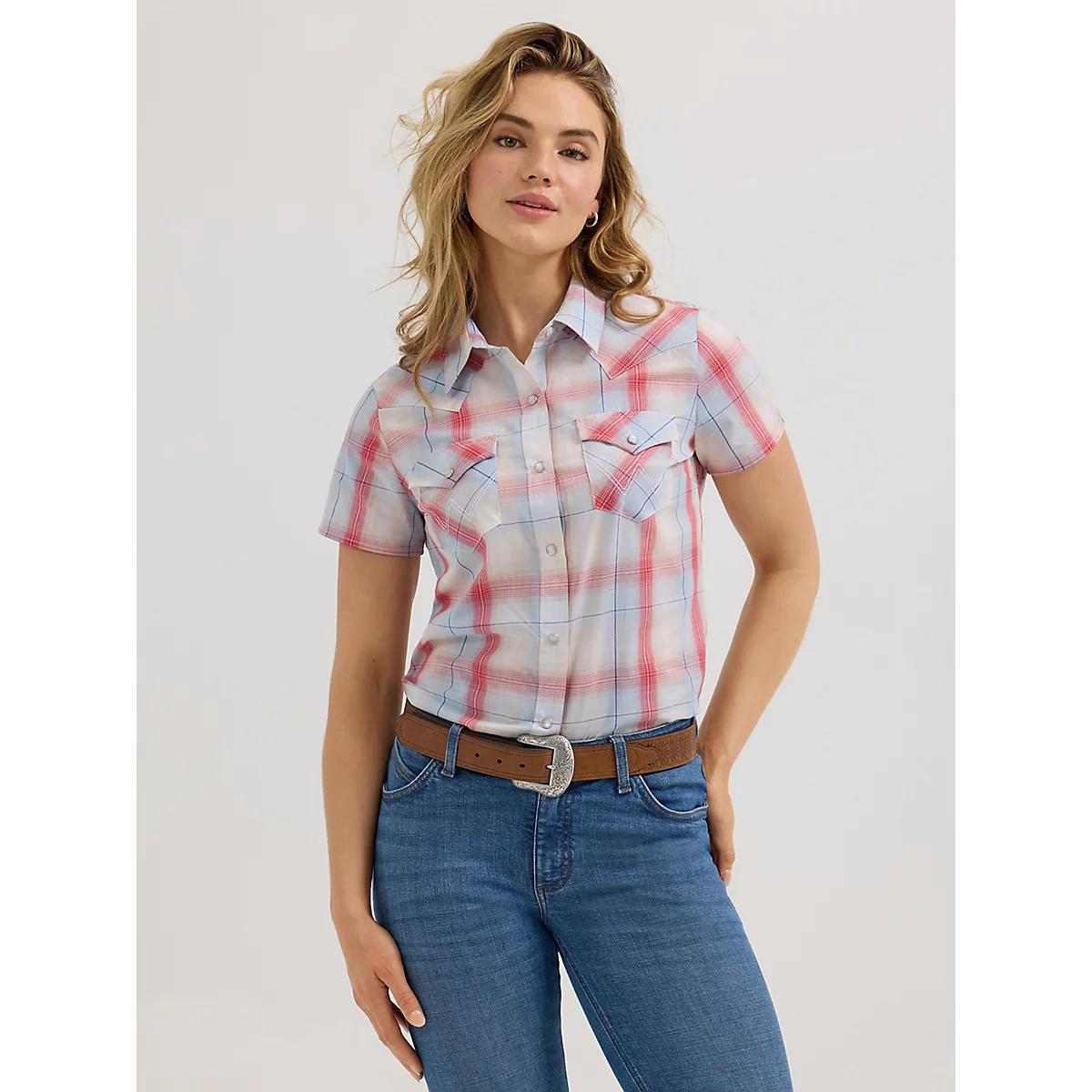 Women's Essential Short Sleeve Plaid Western Snap Top | Women's TOPS | Wrangler® Product Image