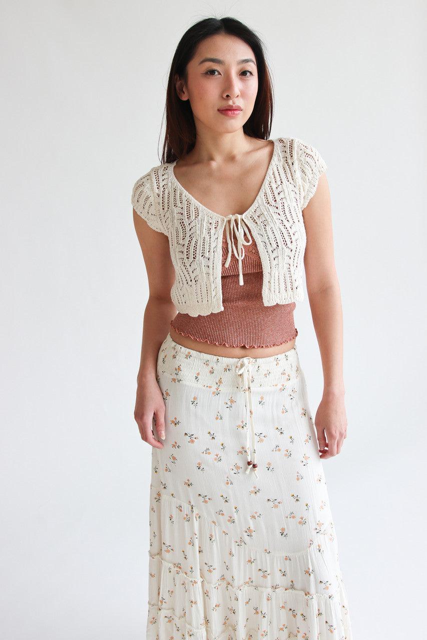 Short Sleeve Tie Front Lacy Knit Cardigan Product Image