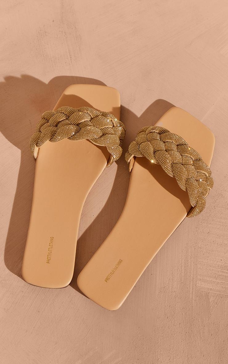 Gold PU Square Toe Diamante Strap Slip On Flat Sandals Product Image