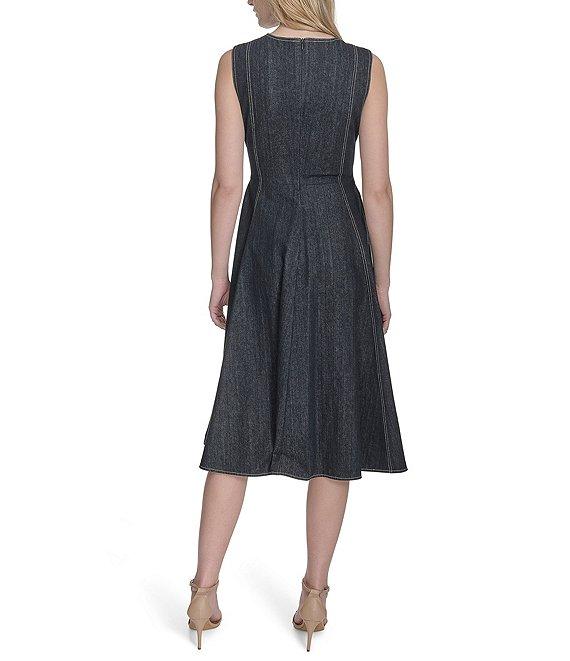 Vince Camuto Denim Boat Sleeveless Neckline Fit and Flare Midi Dress Product Image