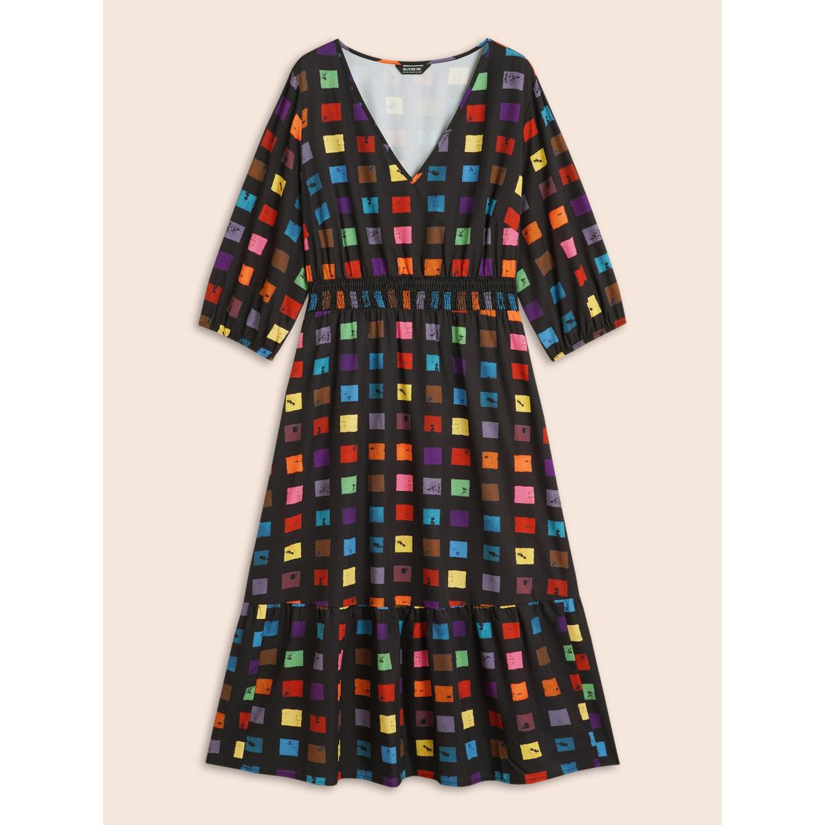 Plus Size Colorblock Contrast Shirred Lantern Sleeve Dress BlackFlower Women Casual Shirred V-neck Elbow-length sleeve Curvy BloomChic 12/L Product Image