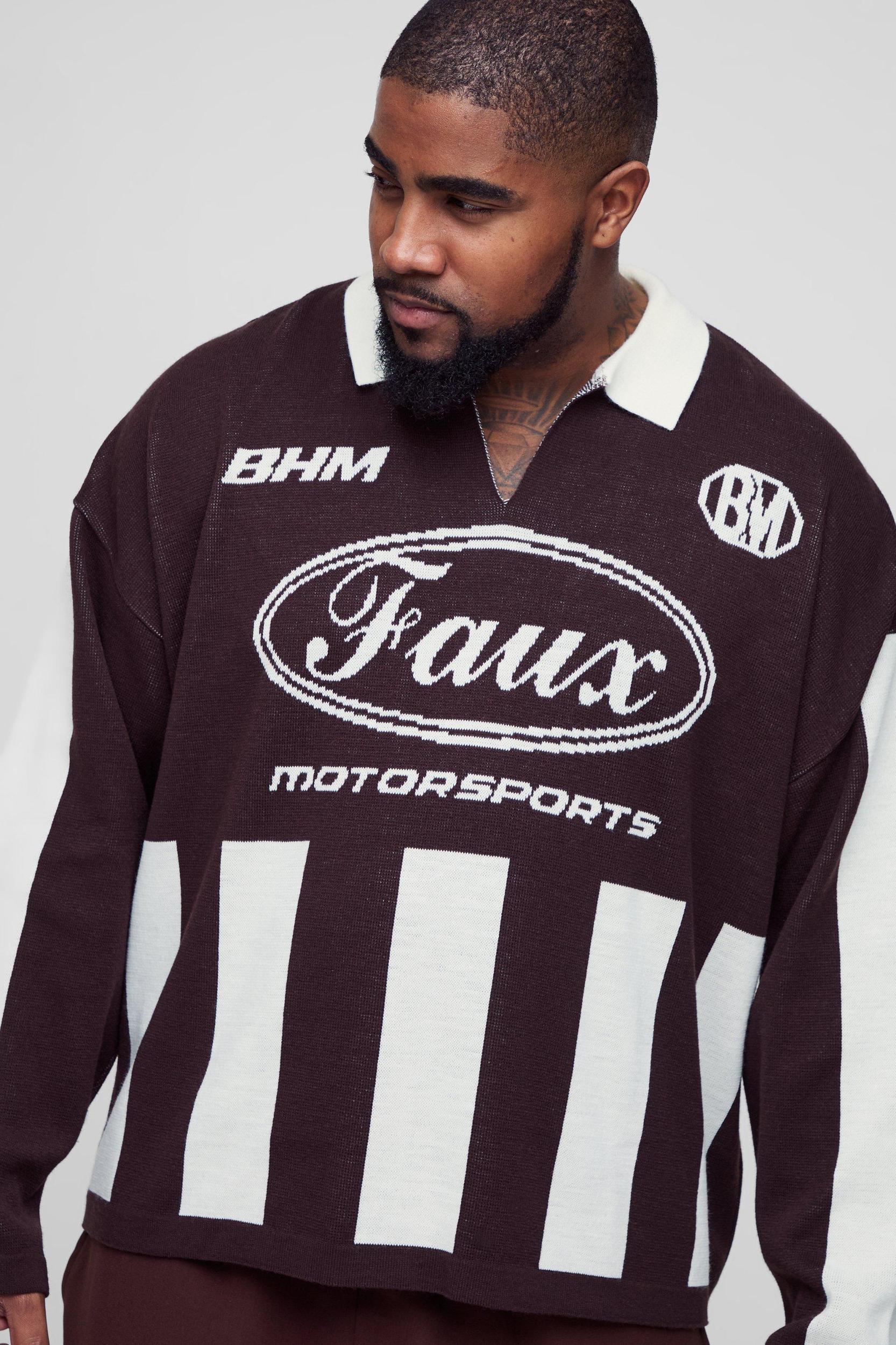 Plus Oversized Boxy Football Knitted Long Sleeve Polo | boohooMAN USA Product Image