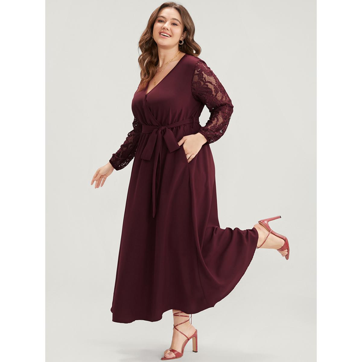 Plus Size Solid Wrap Pocket Lantern Sleeve Lace Belted Maxi Dress Burgundy Women Elegant V-neck Long Sleeve Curvy Long Dress BloomChic 28/5X Product Image