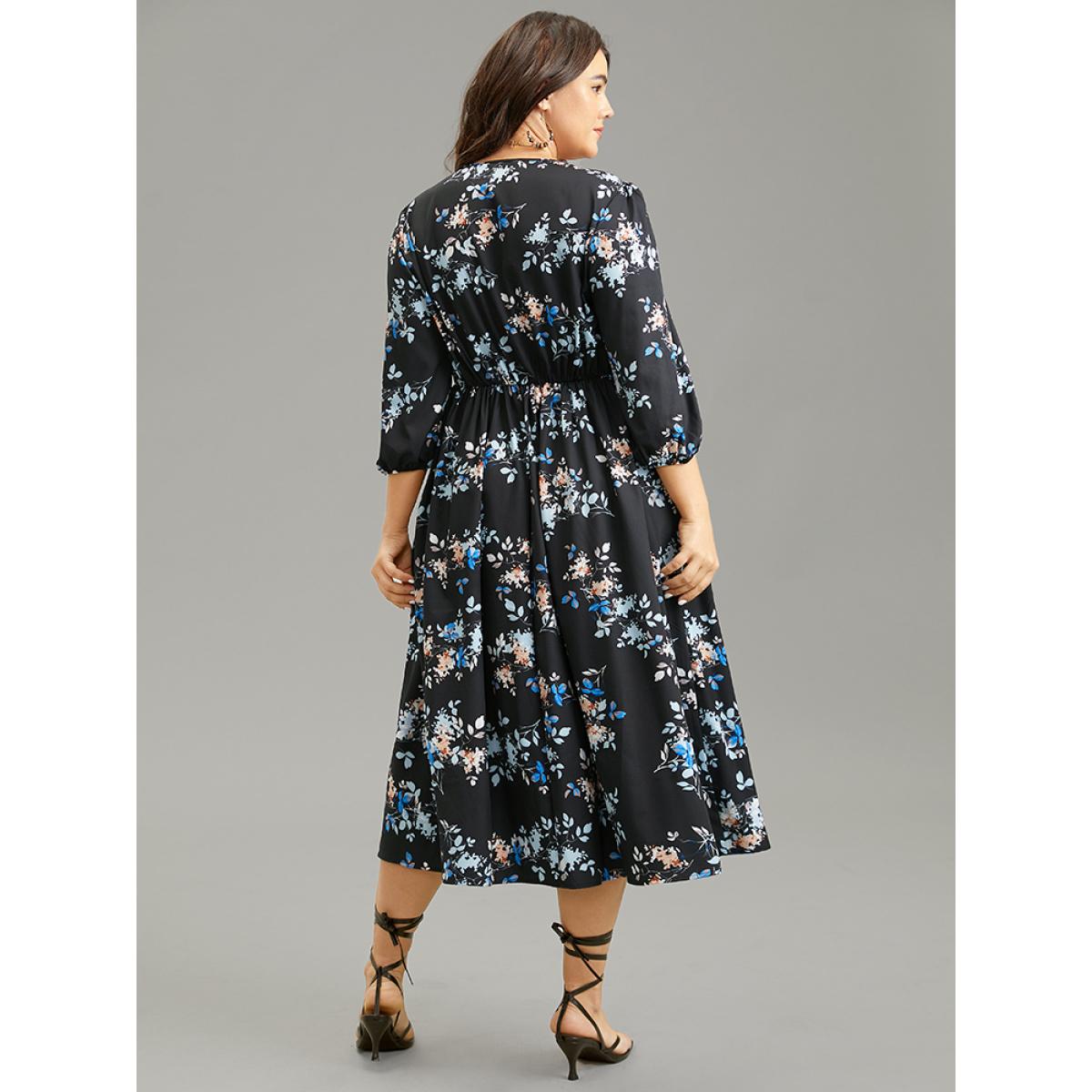 Plus Size Floral Wrap Gathered Lantern Sleeve Dress Multicolor Women Vacation Elastic cuffs Overlap Collar Elbow-length sleeve Curvy Midi Dress BloomChic 22-24/3X Product Image