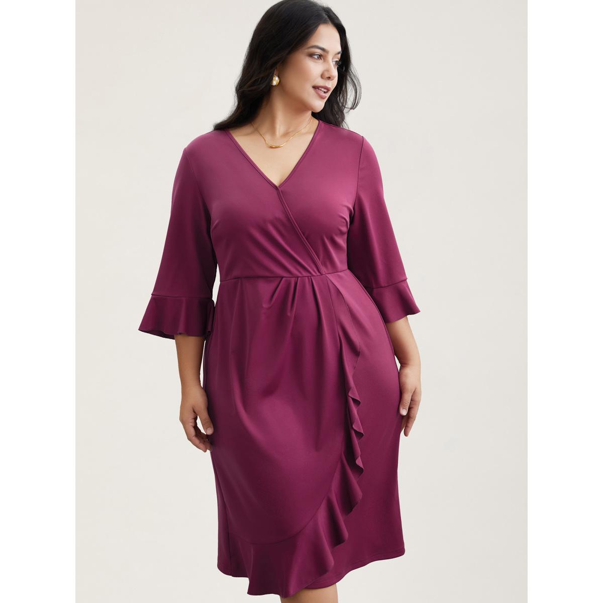 Plus Size Flared V-Neck Fake Wrap Midi Dress Deeppurplered Women Elegant Overlapping Knit Dresses Bloomchic 22-24/3X Product Image