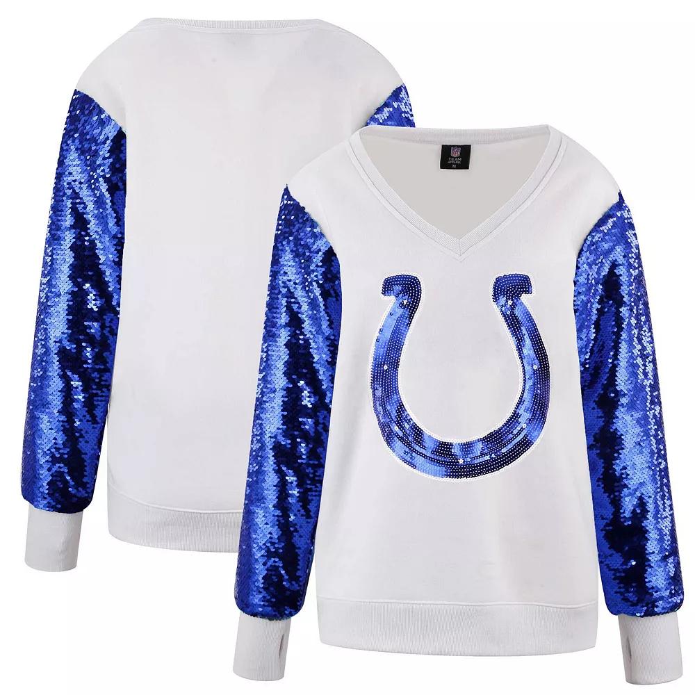 Women's Cuce White Indianapolis Colts Sequin Sleeve V-Neck Pullover Sweatshirt, Size: Large Product Image