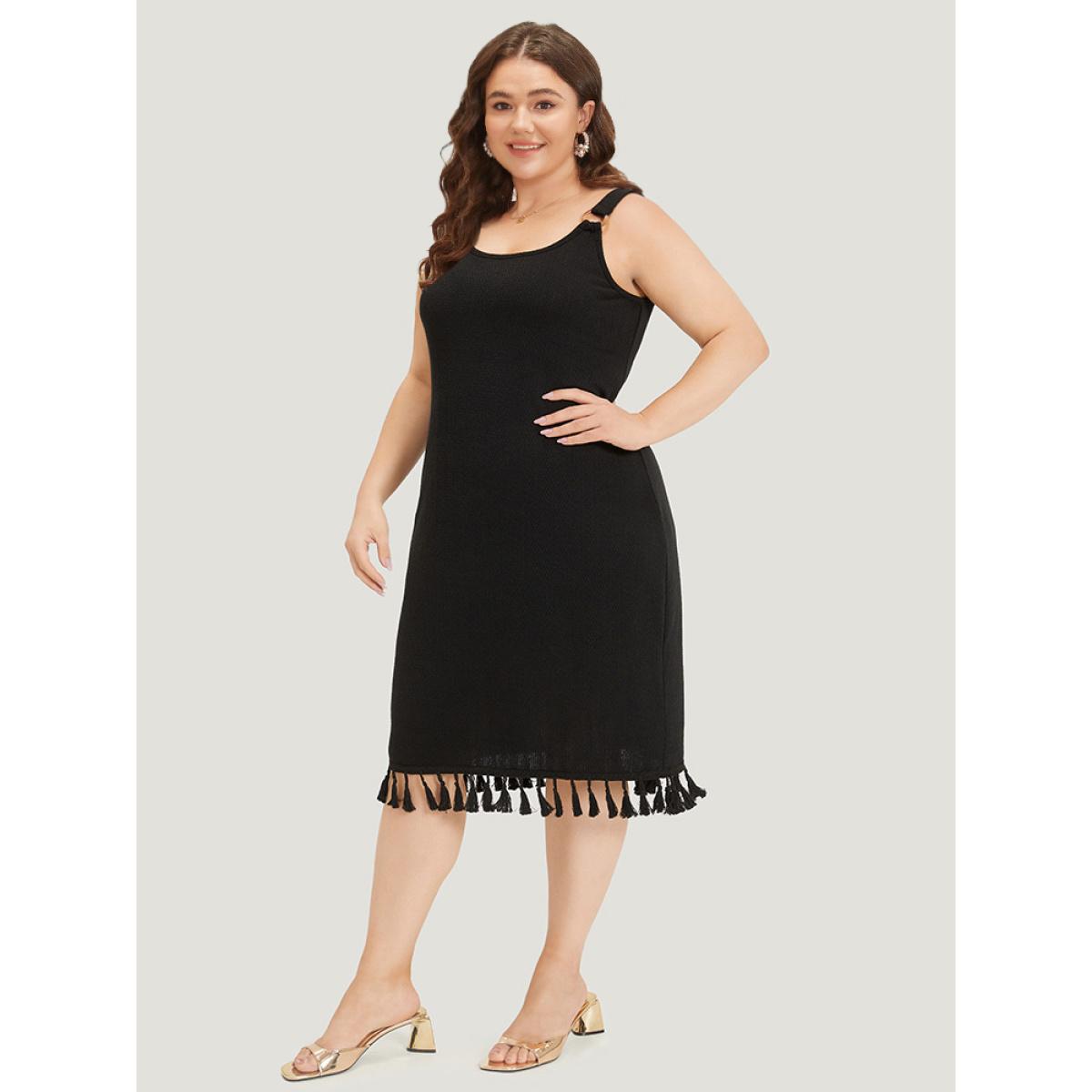 Plus Size Plain Tassel Trim Adjustable Straps Cami Dress Black Women Glamour Adjustable Straps Spaghetti Strap Sleeveless Curvy Midi Dress BloomChic 14-16/1X Product Image