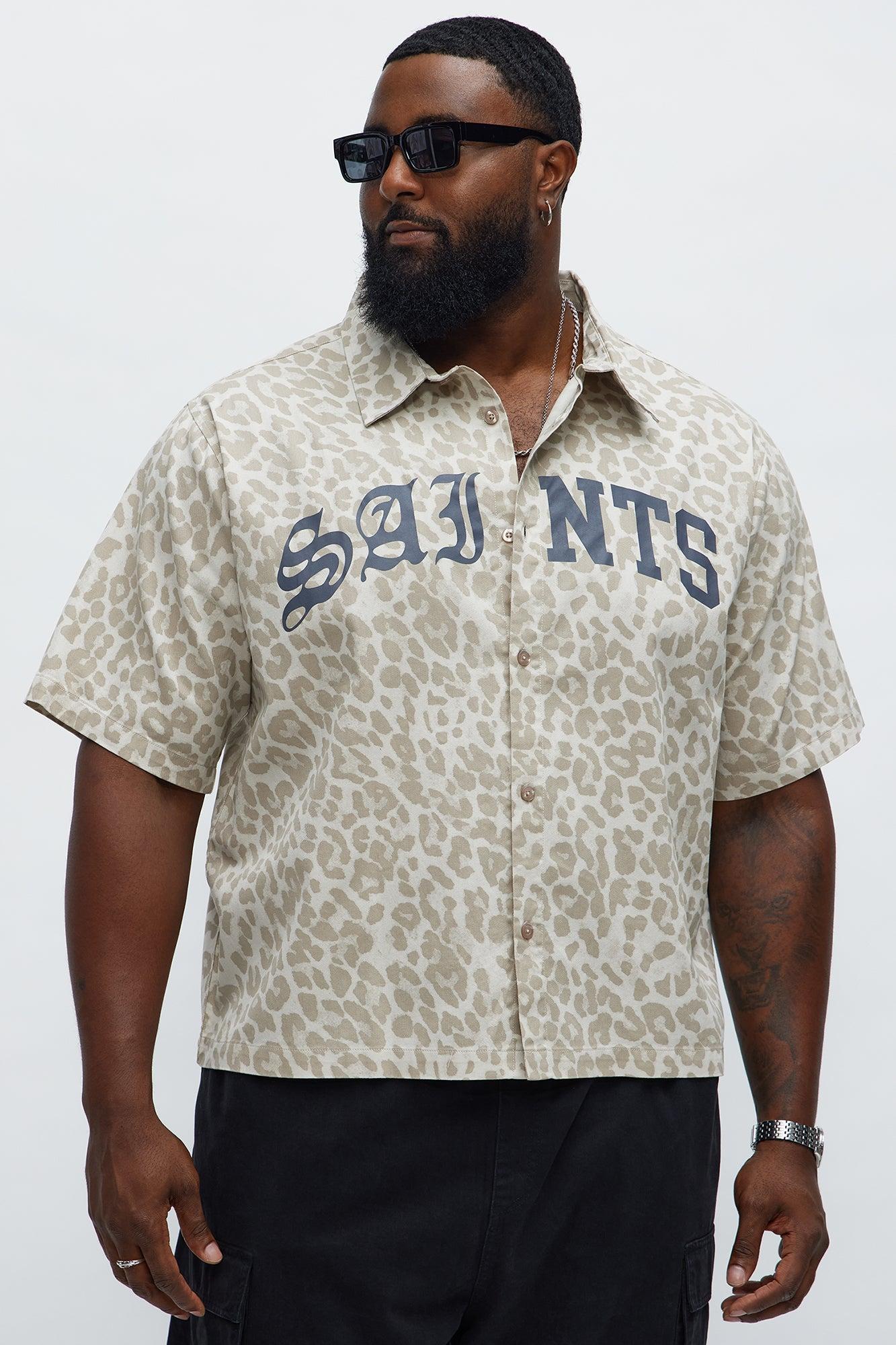 Relaxed Fit Leopard Saints Button Up Shirt - Tan/Multi Male Product Image