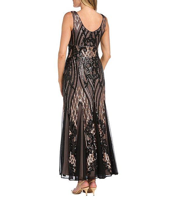 R & M Richards V Neck Sleeveless Godet Skirt 2 Tone Sequin Gown Product Image