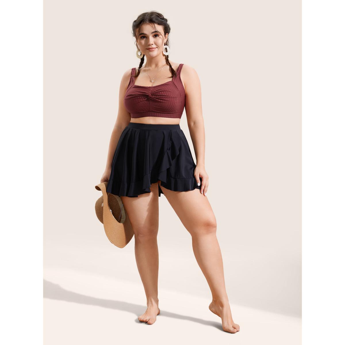 Plus Size Solid Twist Texture Swim Top Women's Swimwear Burgundy Beach Twist High stretch Skinny Heart neckline Curve Swim Tops BloomChic 28/5X Product Image