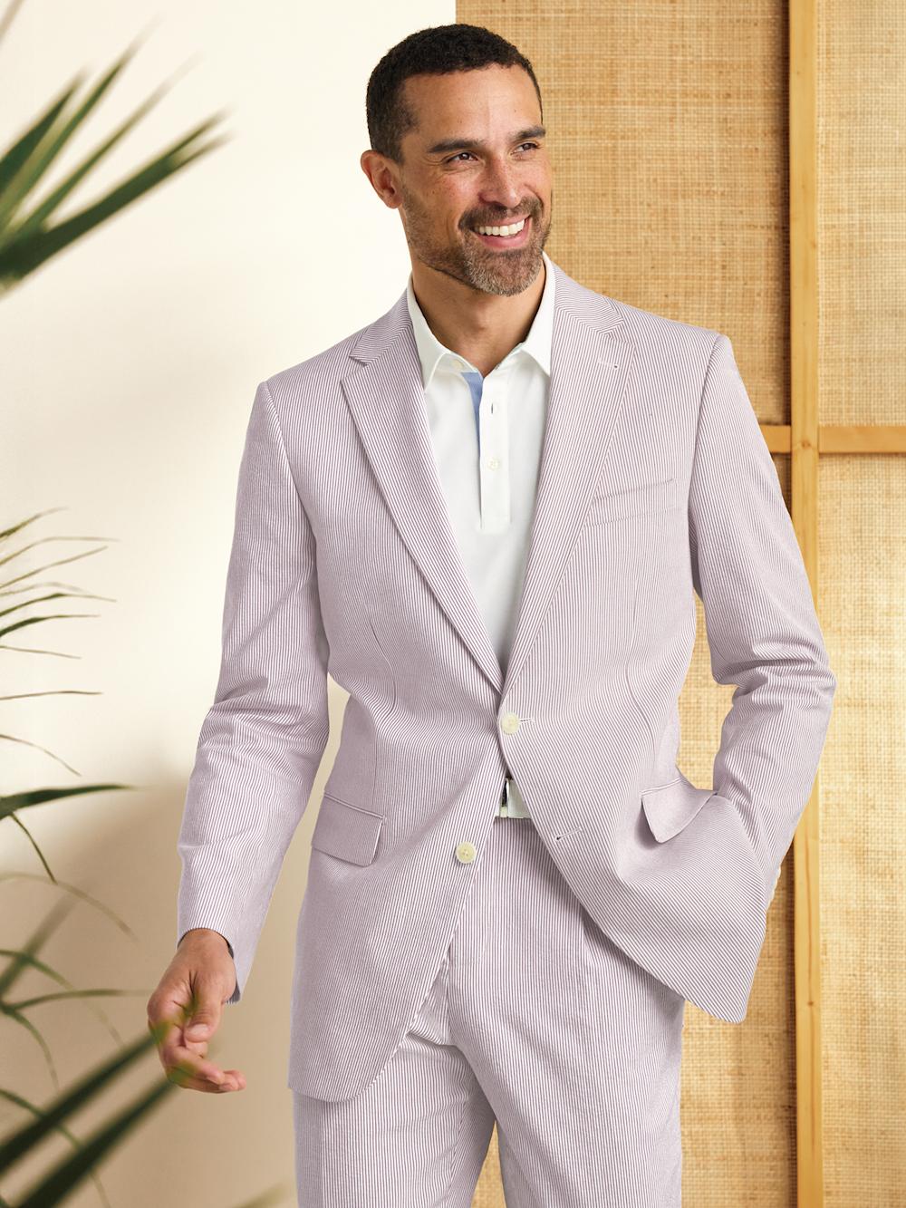 Cotton Stretch Stripe Seersucker Single Breasted Notch Lapel Suit Jacket - Purple/white Product Image
