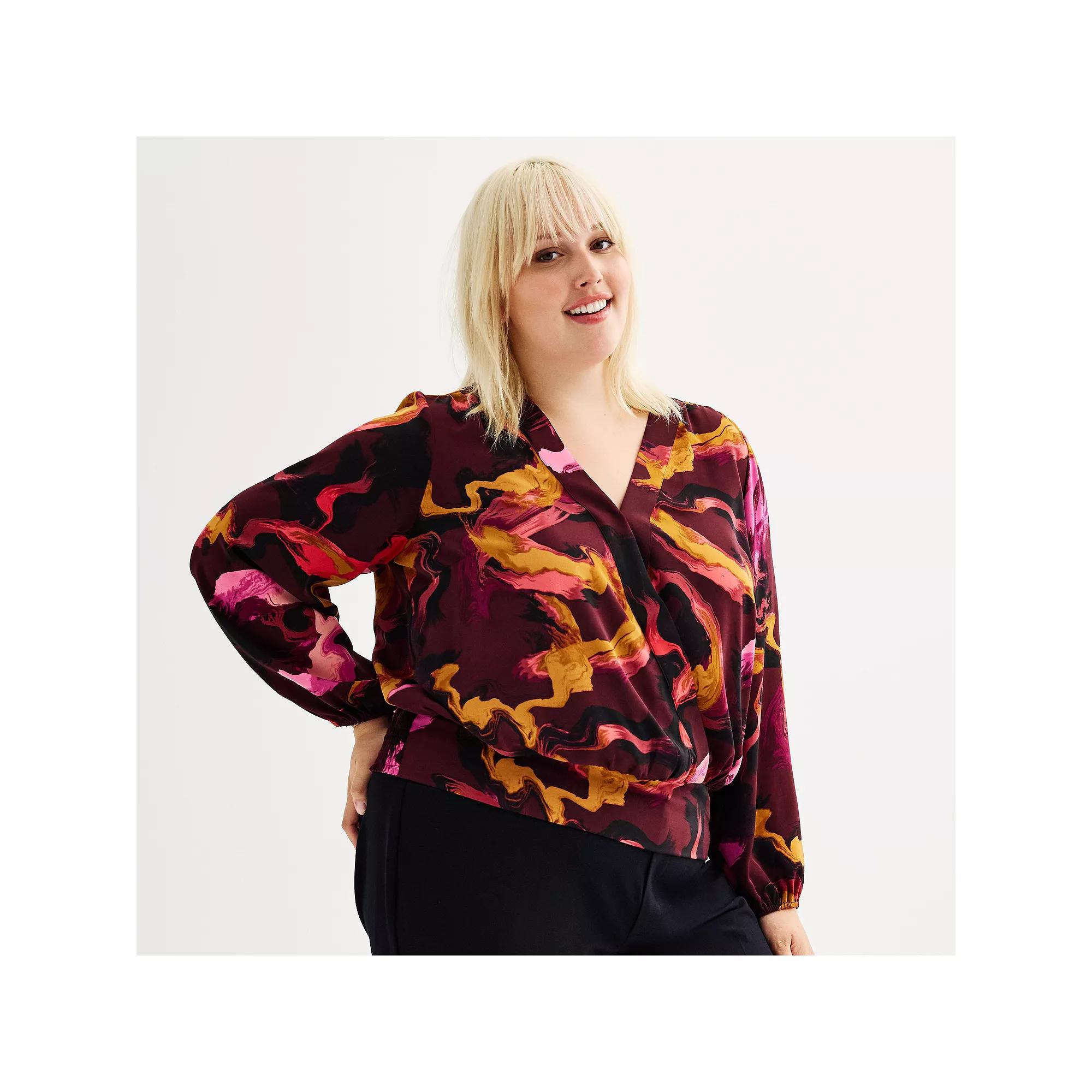 Plus Size Nine West Long Sleeve Surplice Blouse, Women's, Size: 2XL, Purple Team Marble Product Image