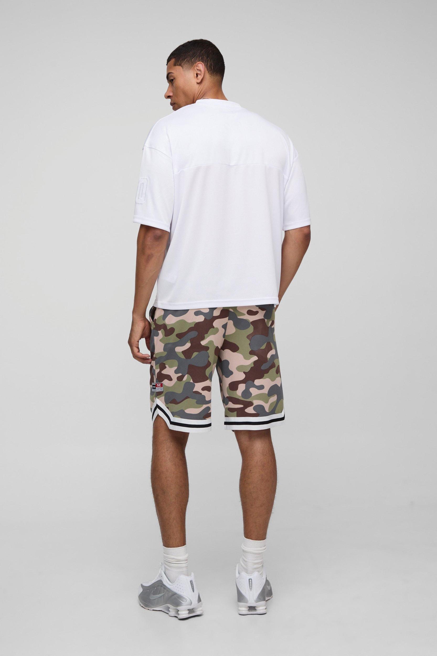 MAN Tab Camo Basketball Mesh shorts | boohooMAN USA Product Image