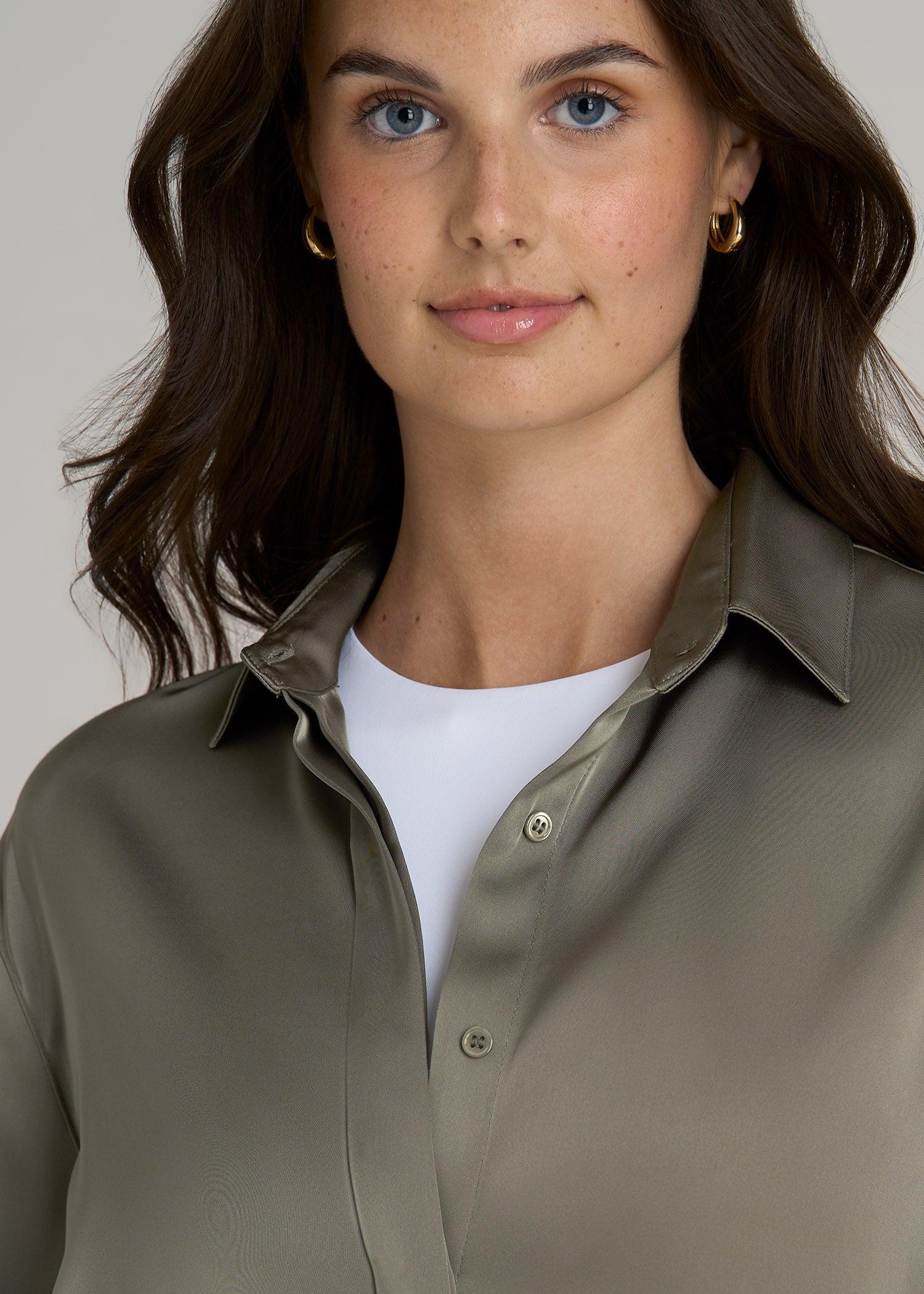 Relaxed Button-Up Blouse for Tall Women in Camper Green Female Product Image