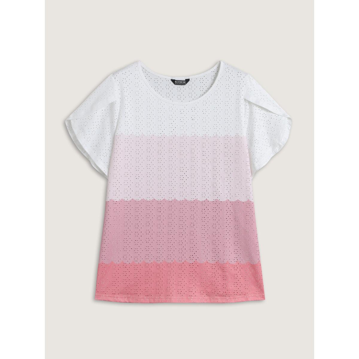 Plus Size Eyelet Trim Color Block Stretchy T-Shirt WhiteSmoke Women Playful Petal edge Round Neck Casual T-shirts BloomChic 18-20/2X Product Image