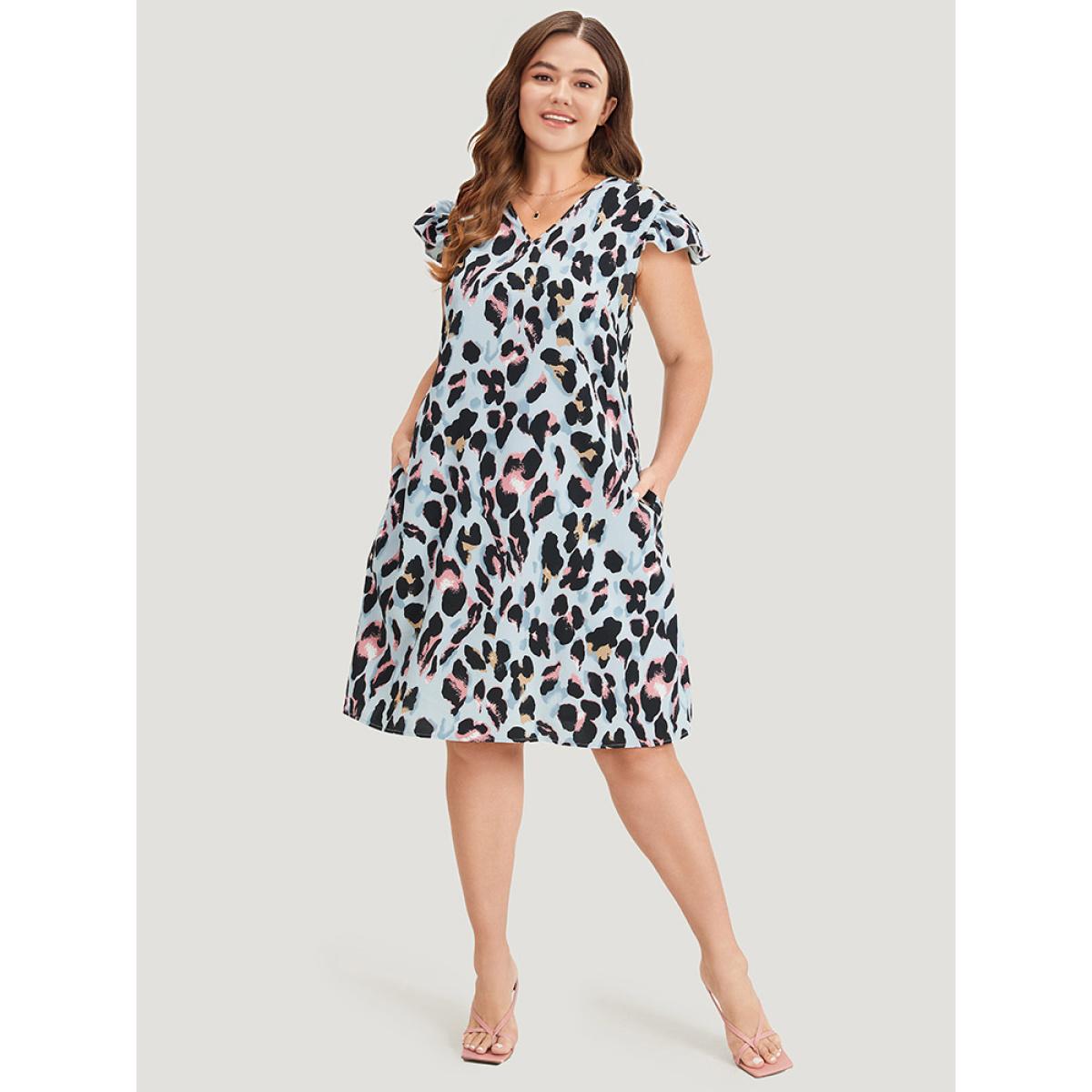 Plus Size Colour Leopard Print Pocket Ruffle Cap Sleeve Dress LightBlue Women Elegant V-neck Cap Sleeve Curvy Knee Dress BloomChic 18-20/2X Product Image