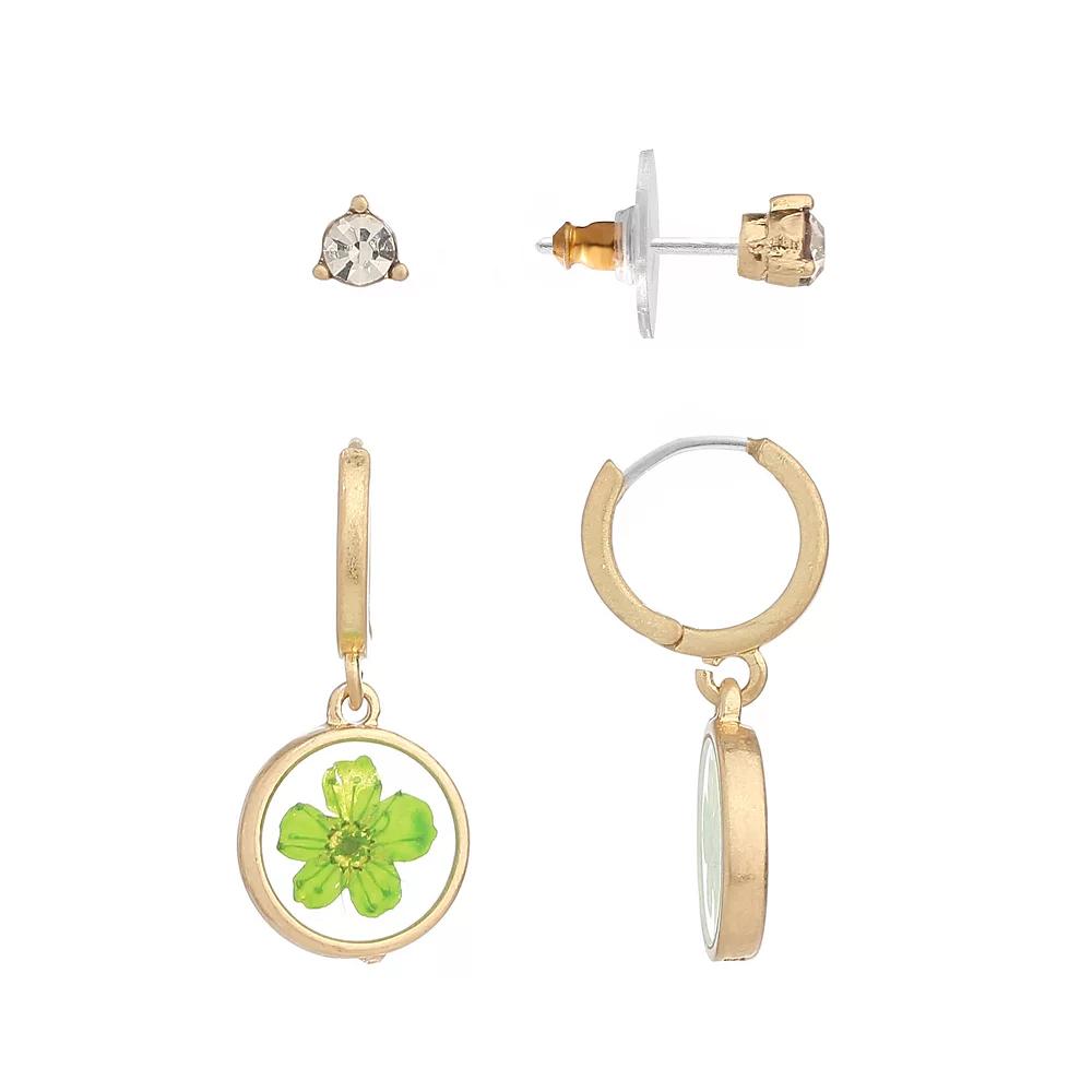 Bella Uno Worn Gold Cubic Zirconia Stud & Green Pressed Flower Charm Hoop Earring 2-piece Set, Women's, Gold Tone Product Image