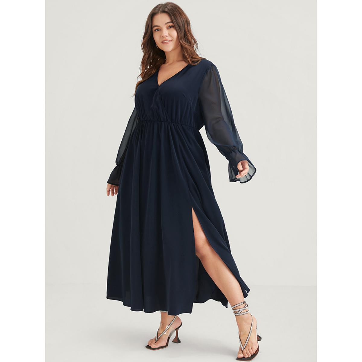 Plus Size Solid Button Split Pocket Wrap Lantern Sleeve Ruffles Hem Dress DarkBlue Women Casual Wrap V-neck Long Sleeve Curvy Midi Dress BloomChic 30/6X Product Image