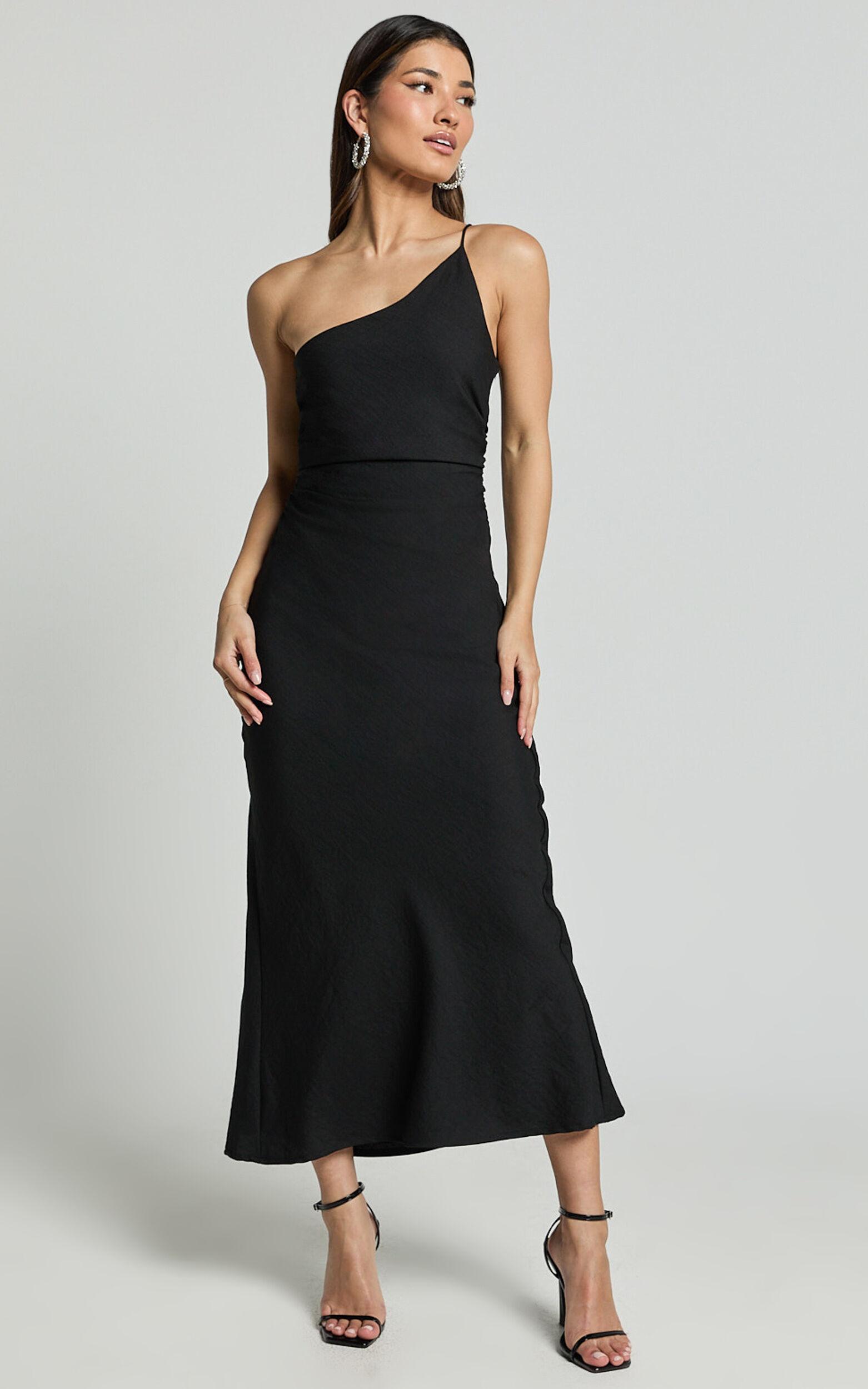 Devon Maxi Dress - One Shoulder Slip Dress in Black Product Image