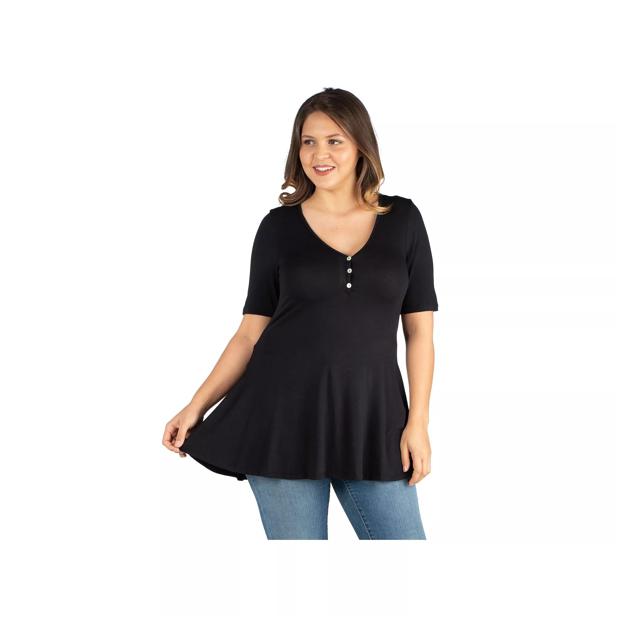 Plus Size 24Seven Comfort Short Sleeve Henley Tunic Top, Women's, Size: 3XL, Black Product Image