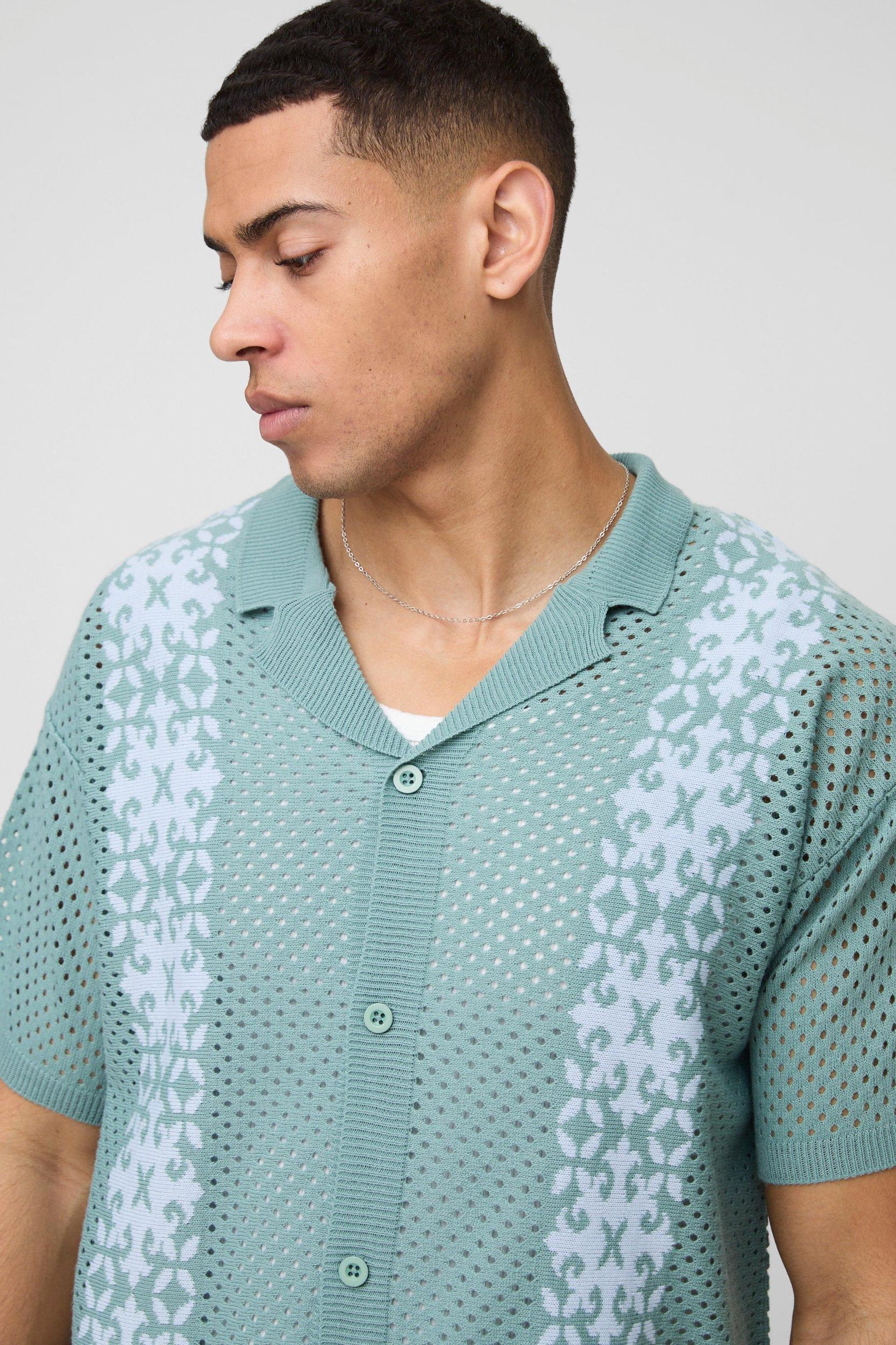 Relaxed Fit Crochet Look Border Stripe Knitted Shirt | boohooMAN USA Product Image