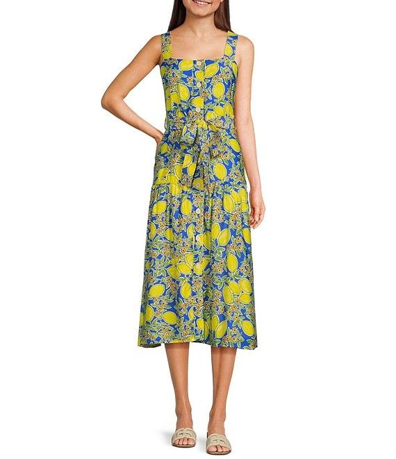 TCEC Sleeveless Lemon Print Square Neck Button Front Belted Midi Dress Product Image