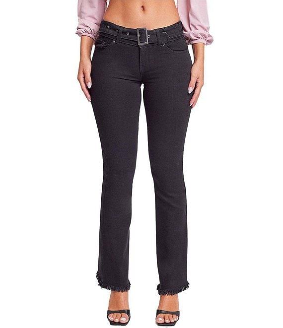 YMI Jeanswear Low Rise Frayed Hem Buckle Flare Jeans Product Image