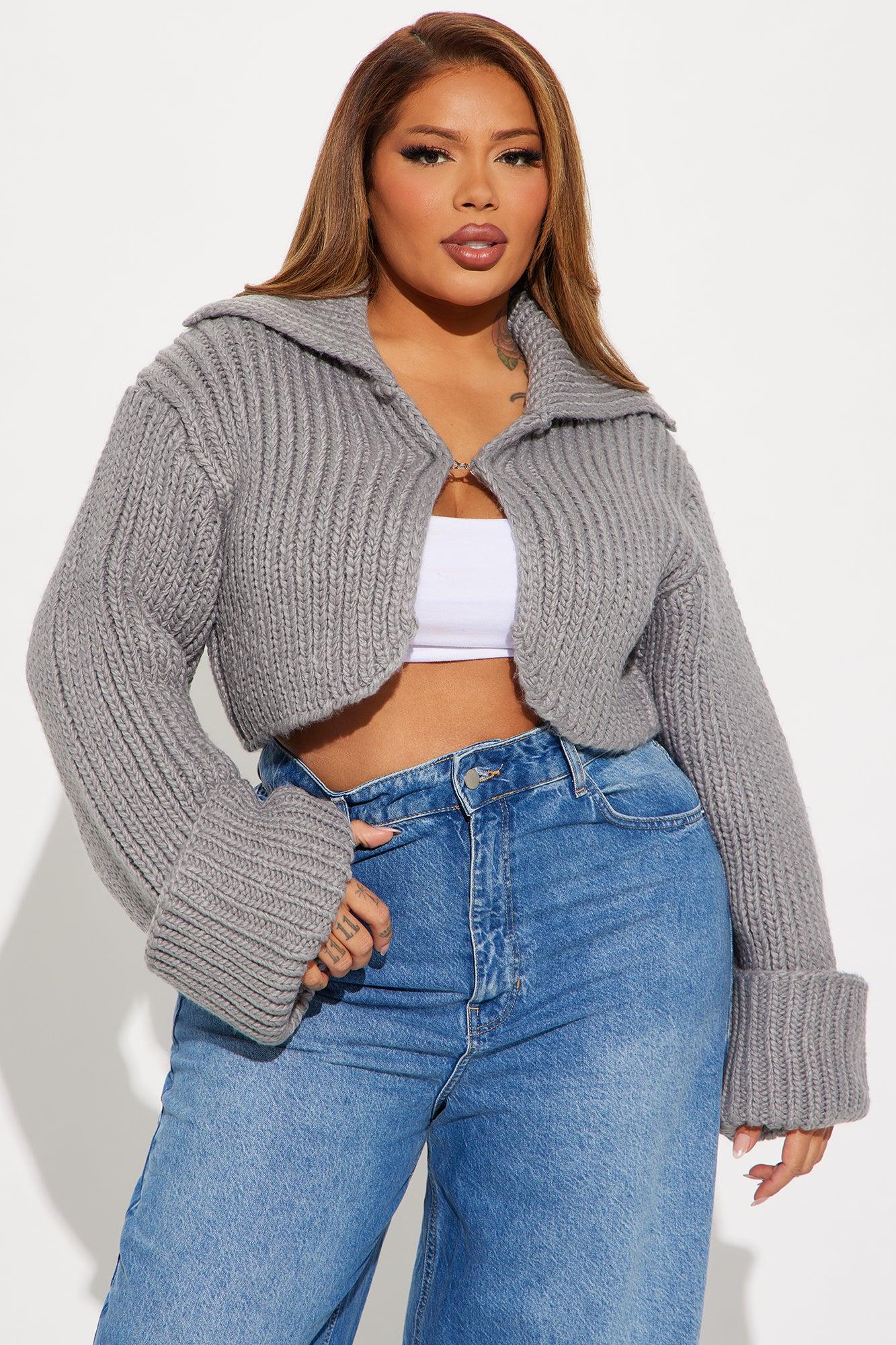 Downtown Chunky Knit Cropped Cardigan - Grey Product Image