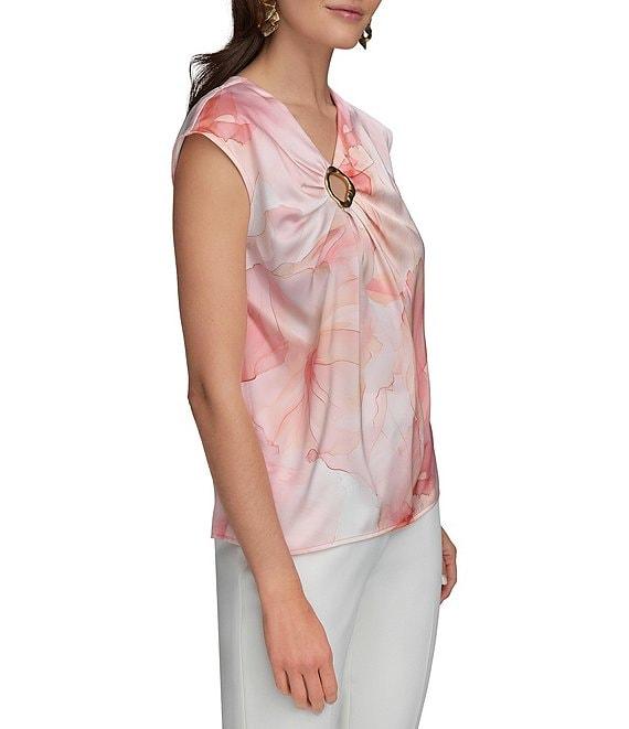 Donna Karan Cap Sleeve Printed Gold Hardware Keyhole Blouse Product Image