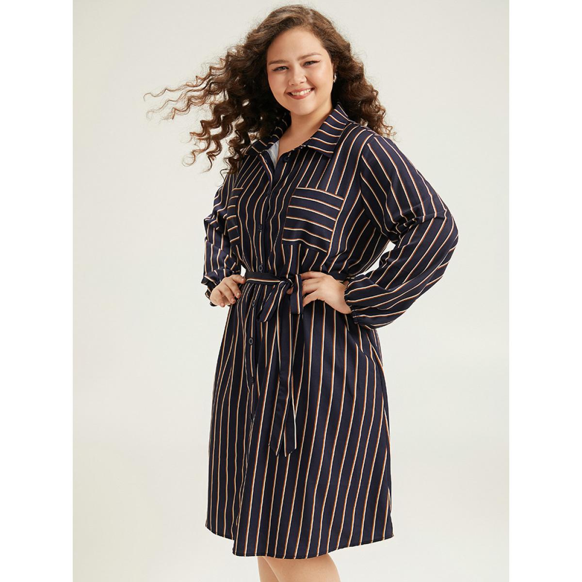 Plus Size Striped Belted Lantern Sleeve Button Through Dress Indigo Women At the Office Belted Shirt collar Long Sleeve Curvy Midi Dress BloomChic 18-20/2X Product Image