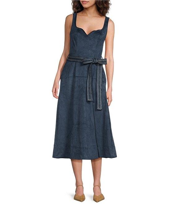 En Saison Robin Vegan Suede Sweetheart Neck Sleeveless Blanket Stitch Belted Midi Dress Product Image