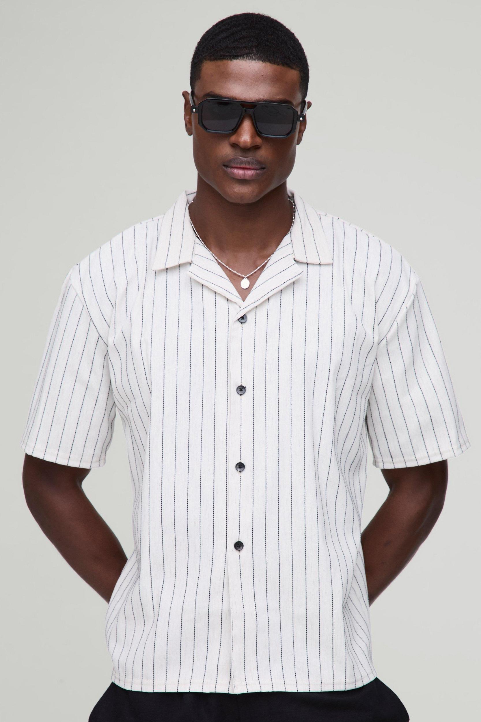 Oversized Linen Look Black Embroidery Striped Revere Shirt | boohooMAN USA Product Image