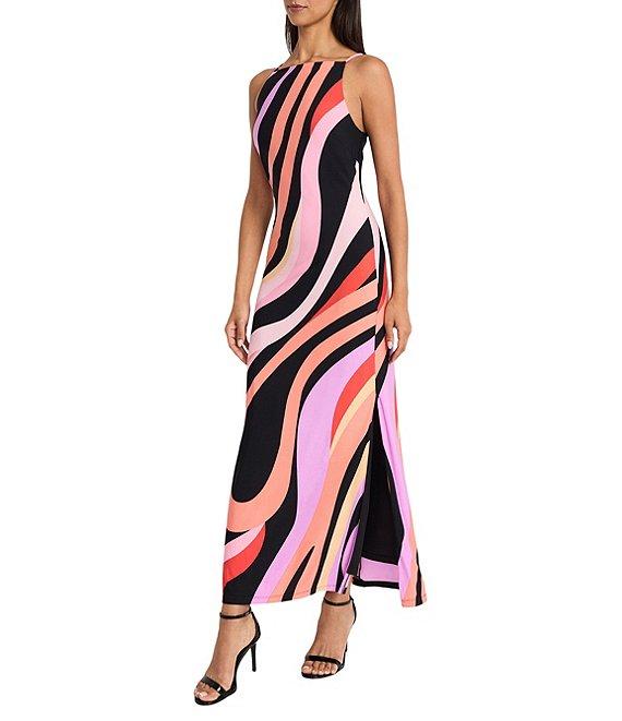Donna Morgan Boat Neck Sleeveless Abstract Stripe Motif Matte Jersey Column Maxi Dress Product Image