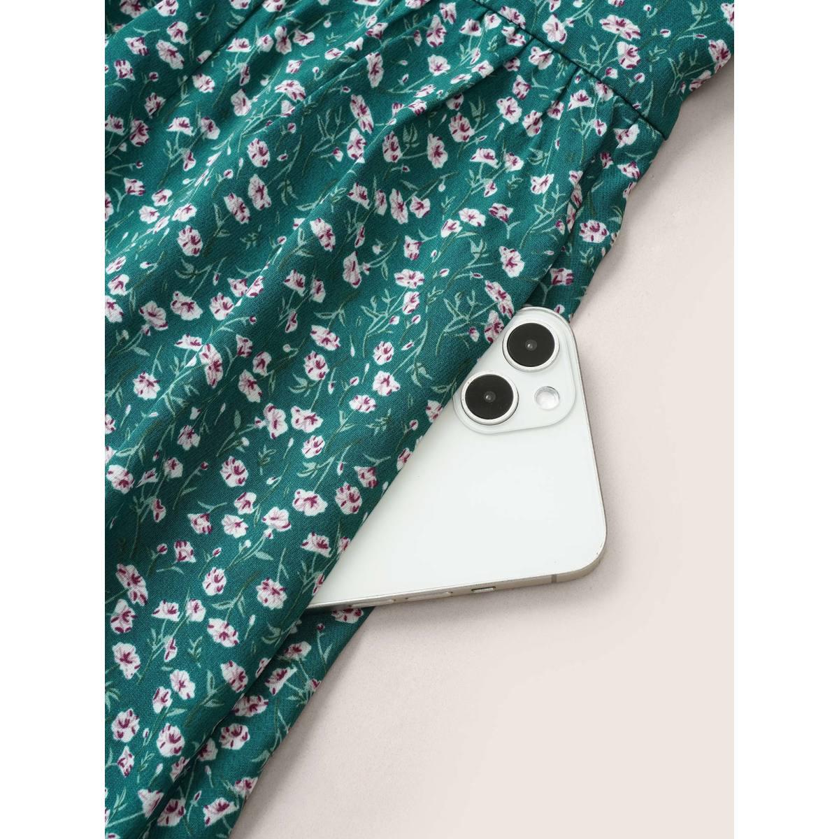 Plus Size Ditsy Floral Shirred Elastic Waist Split Hem Dress Teal Women Elegant Non Cap Sleeve Curvy Midi Dress BloomChic 28/5X Product Image