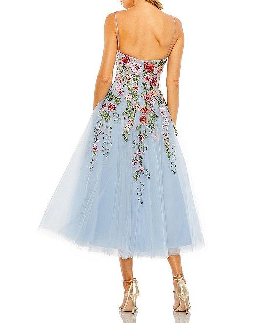 Mac Duggal Embroidered Mesh Floral Sweetheart Neck Sleeveless A-Line Midi Dress Product Image
