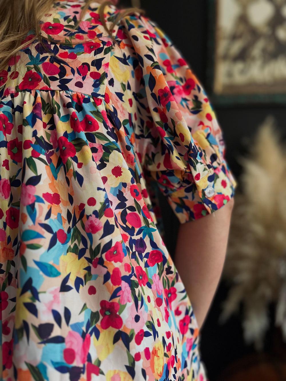 Floral Puff Short Sleeve V Neck Mini Dress Product Image