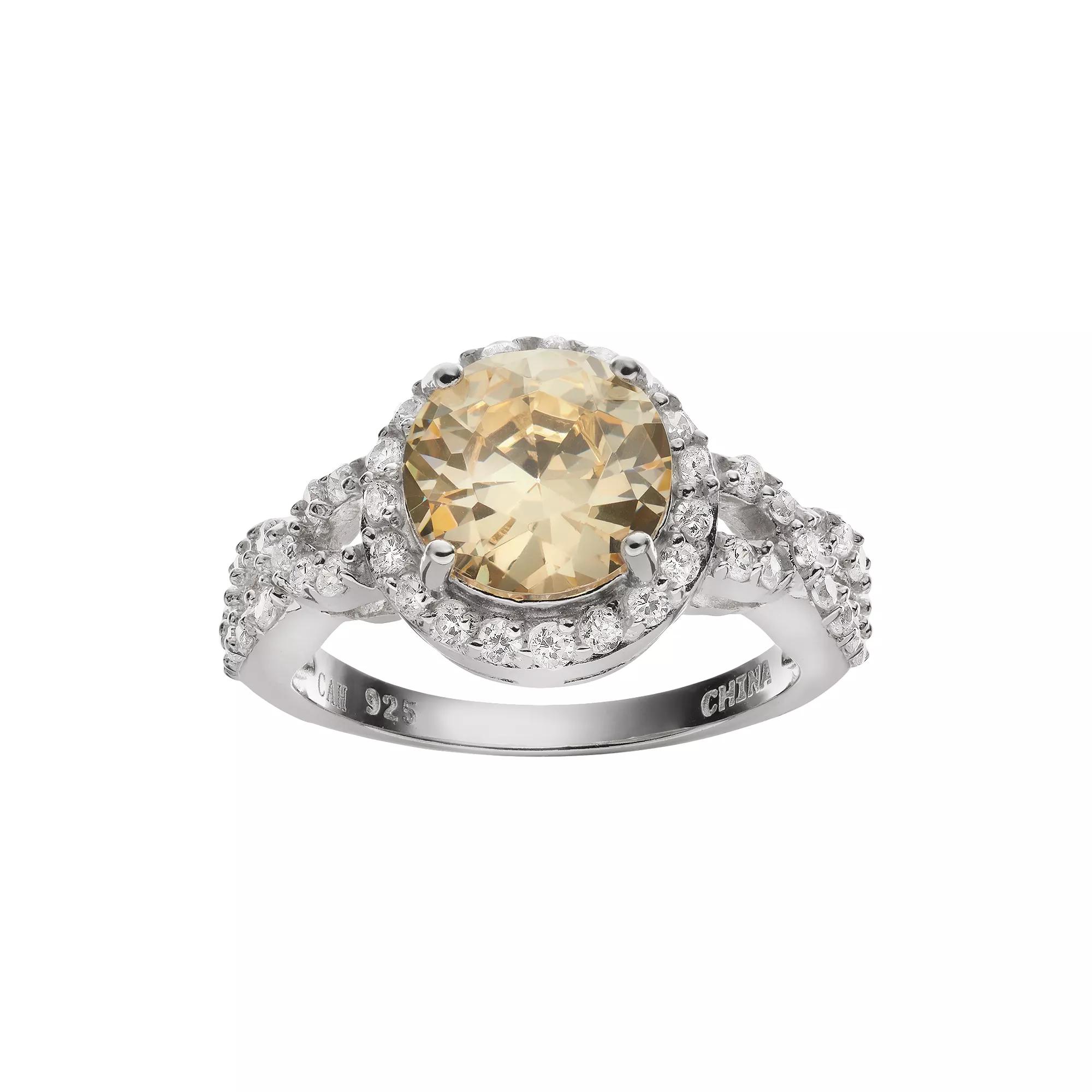 Sophie Miller Canary & White Cubic Zirconia Sterling Silver Halo Ring, Women's, Size: 6, Yellow Product Image