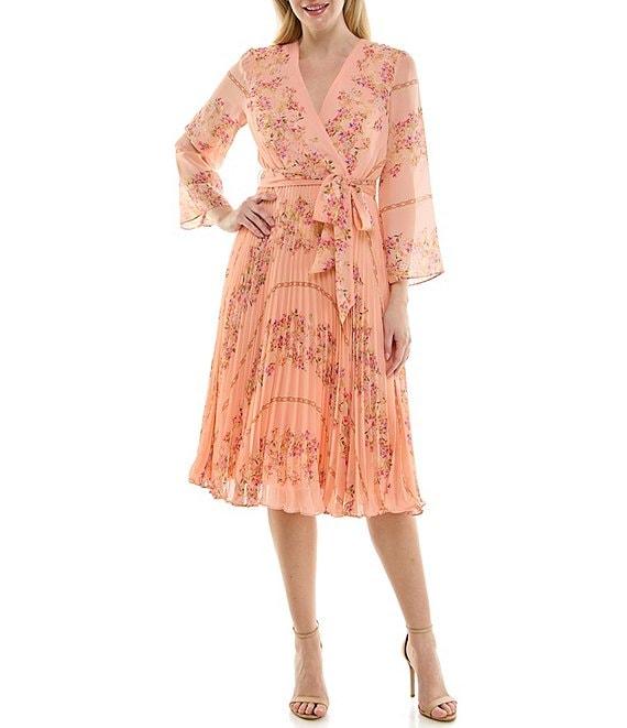 Moda Tara Long Sleeve Faux Wrap V-Neck Floral Chiffon Midi Dress Product Image