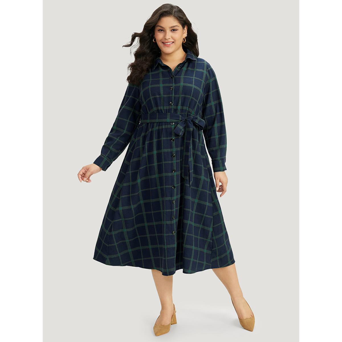Plus Size Plaid Shirt Collar Button Fly Belted Dress Blue Women Office Belted Shirt collar Long Sleeve Curvy Midi Dress BloomChic 26/4X Product Image