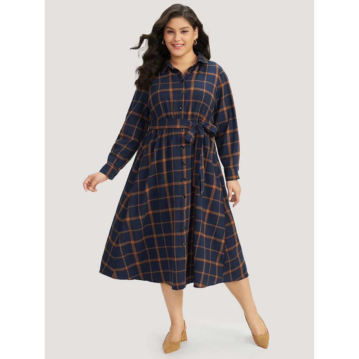 Plus Size Plaid Shirt Collar Button Fly Belted Dress Navy Women Office Belted Shirt collar Long Sleeve Curvy Midi Dress BloomChic 22-24/3X Product Image