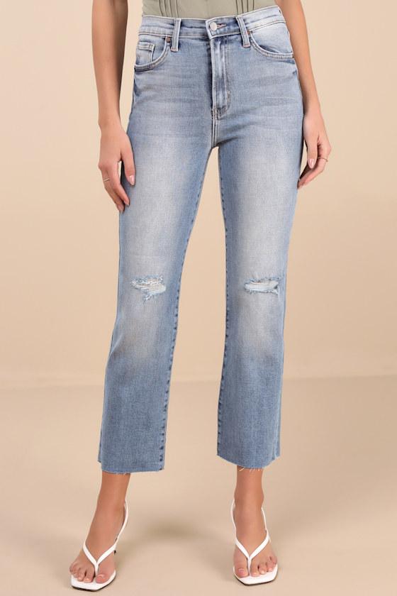 Karely Light Wash Denim High-Rise Distressed Mom Jeans Product Image