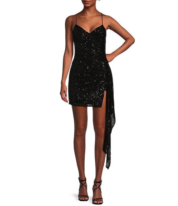 GB Social Ruched Sequin Asymmetrical Hem Tie Back Mini Dress Product Image