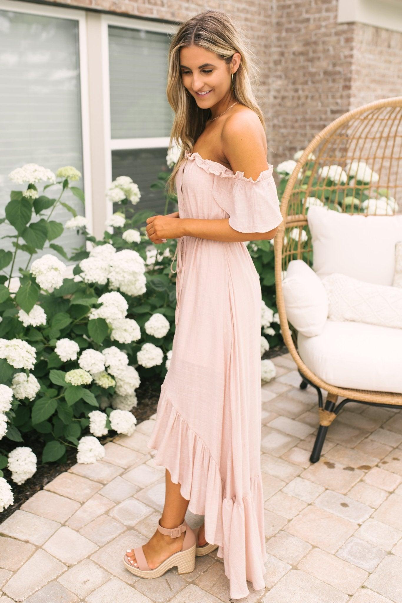 Blush Off the Shoulder Button Down High Low Maxi Female Product Image