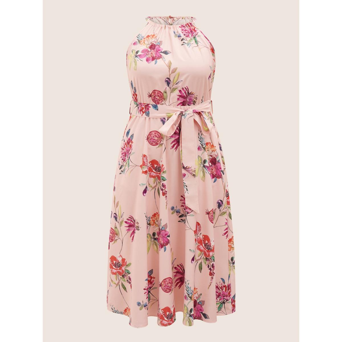Plus Size Citrus Fruit Print Halter Belted Gathered Dress MistyRose Women Elegant Non Halter neck Sleeveless Curvy Midi Dress BloomChic 10/M Product Image