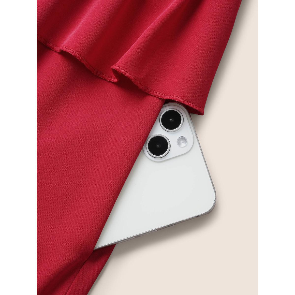 Plus Size Heart Neckline Bowknot Ruffle Trim Midi Dress Crimson Women Elegant Tie knot Heart neckline Short sleeve Curvy BloomChic 22-24/3X Product Image